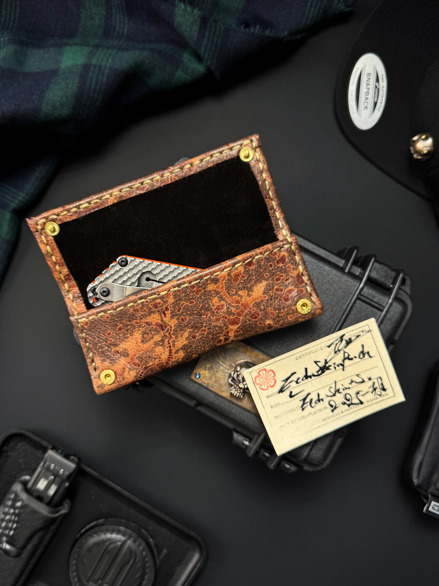 Wtopia Handmade Knife Pouch – Acid-Washed Leather|One-Off Japanese Made with Skull & Apricot Blossom Detail