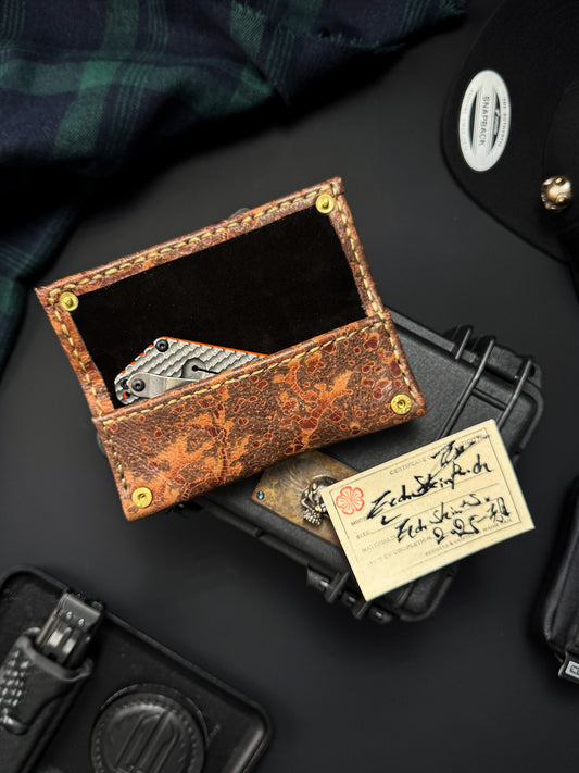 Wtopia Handmade Knife Pouch – Acid-Washed Leather|One-Off Japanese Made with Skull & Apricot Blossom Detail