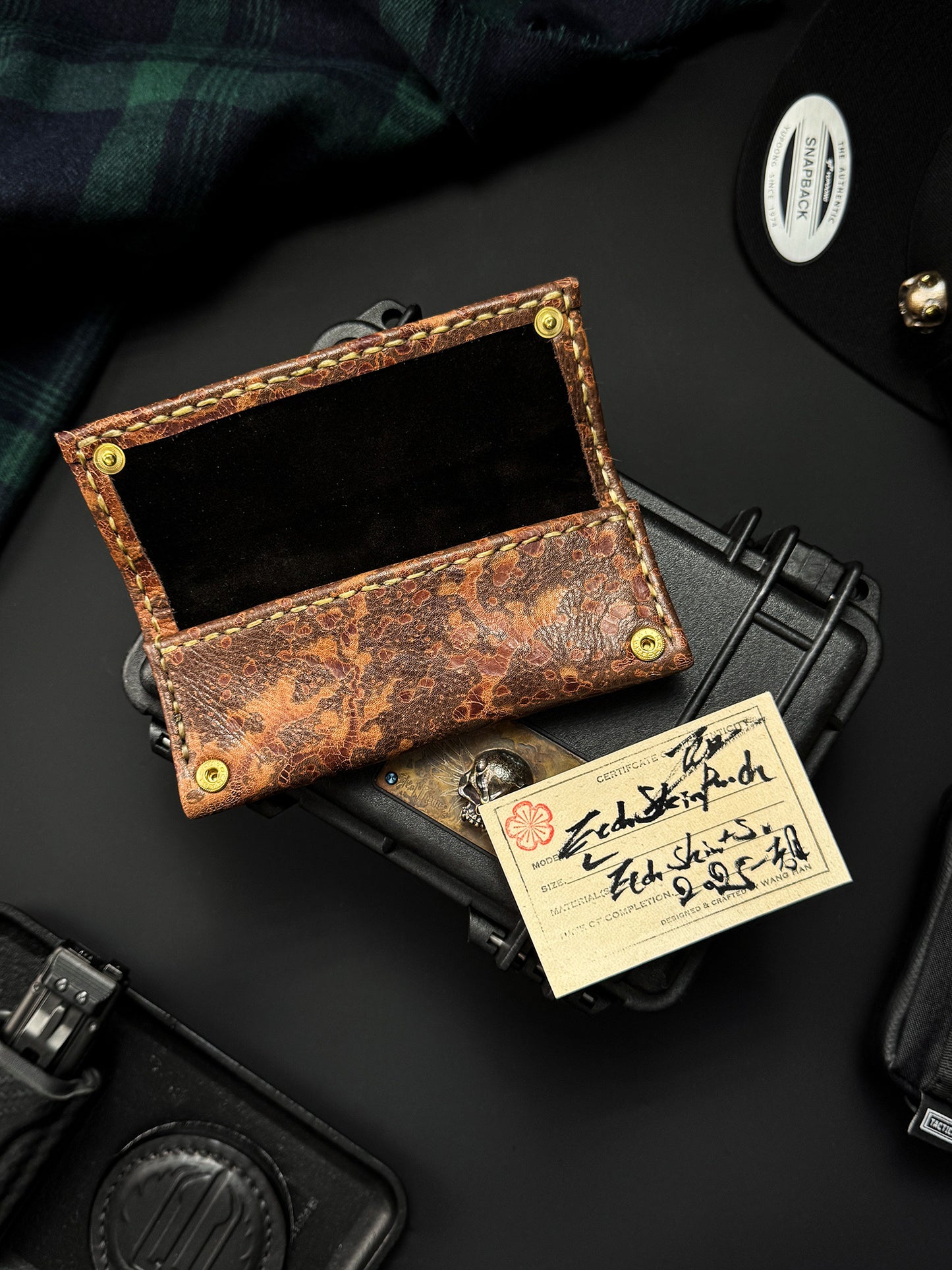 Wtopia Handmade Knife Pouch – Acid-Washed Leather|One-Off Japanese Made with Skull & Apricot Blossom Detail