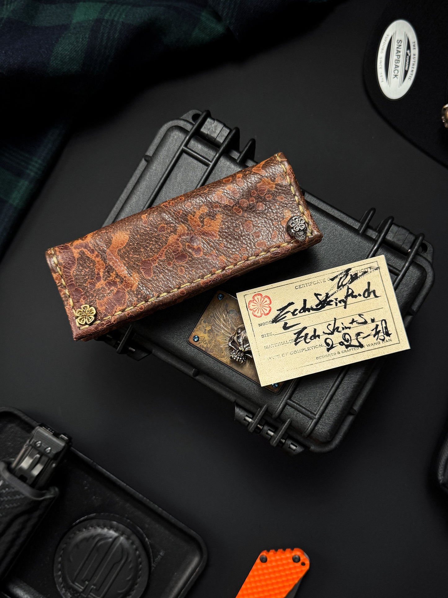 Wtopia Handmade Knife Pouch – Acid-Washed Leather|One-Off Japanese Made with Skull & Apricot Blossom Detail