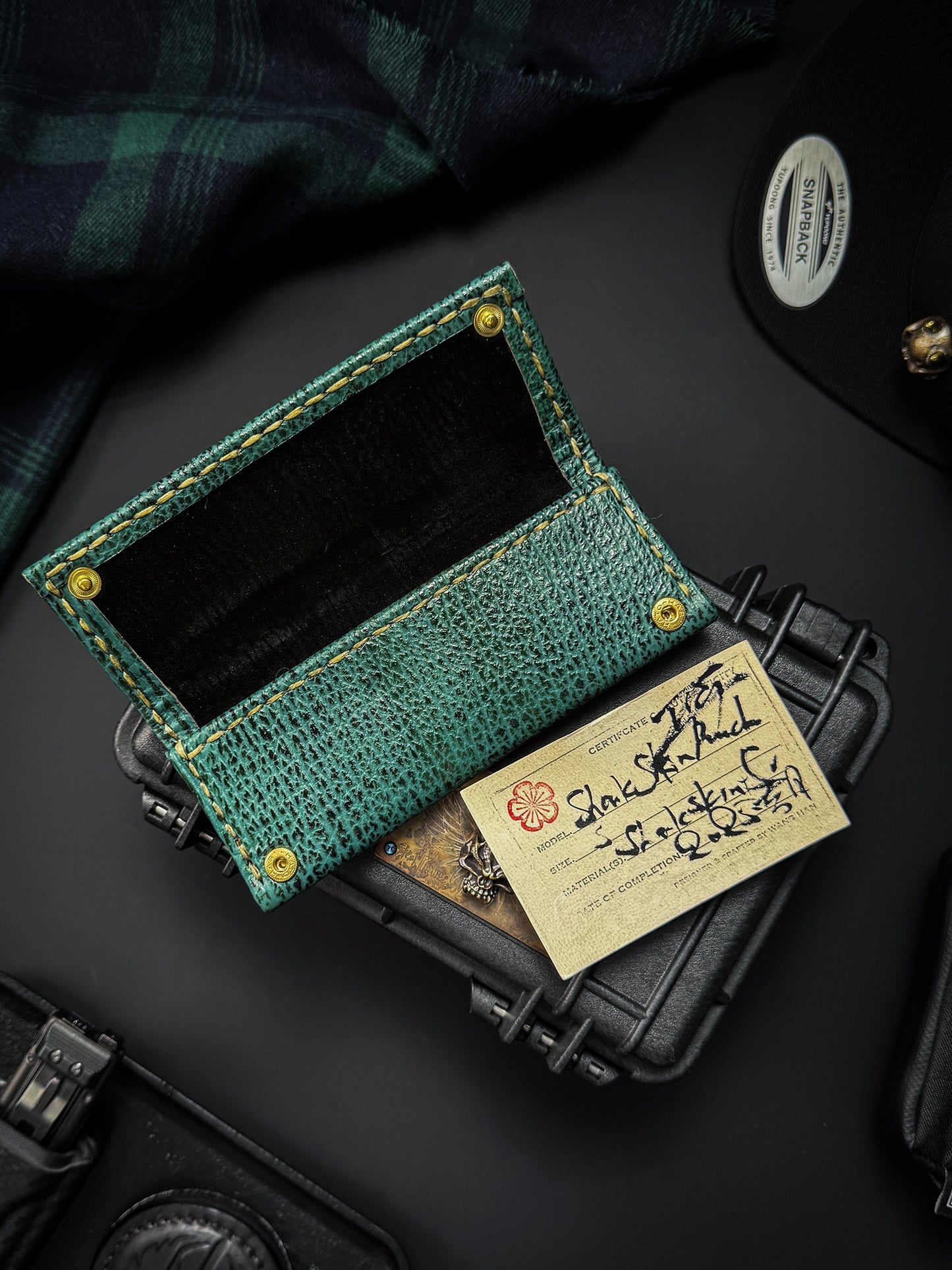 Wtopia Handmade Sharkskin Knife Pouch|One-Off Japanese Made with Skull & Apricot Blossom Snap