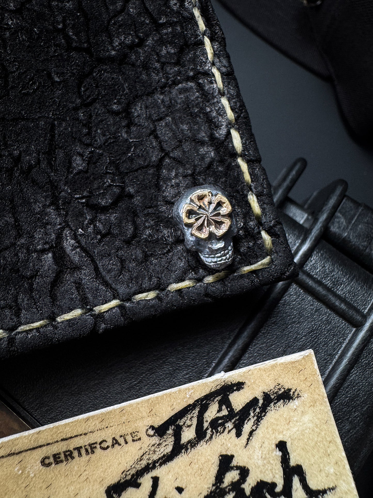 Wtopia Handmade Knife Pouch – Black Hikaku Leather|One-Off Japanese Made with Dual Skull + Apricot Blossom Snaps|Fits Strider XL / SMF