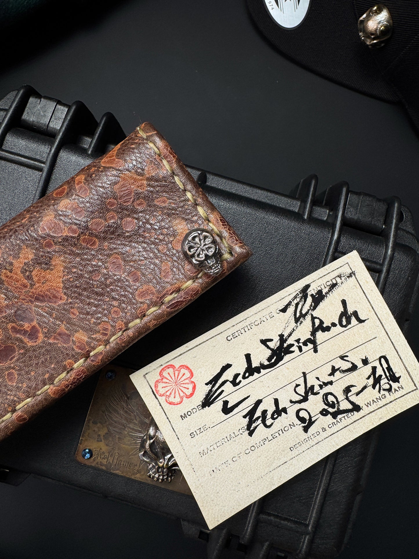 Wtopia Handmade Knife Pouch – Acid-Washed Leather|One-Off Japanese Made with Skull & Apricot Blossom Detail