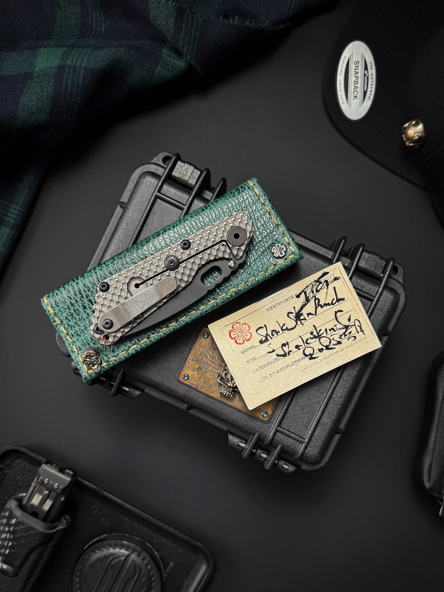 Wtopia Handmade Sharkskin Knife Pouch|One-Off Japanese Made with Skull & Apricot Blossom Snap