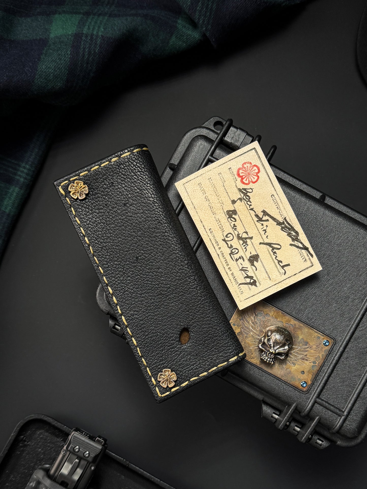 Wtopia Handmade Knife Pouch – Aomori Black Bear Leather|One-Off Japanese Made with Twin Brass Ginkgo Snaps