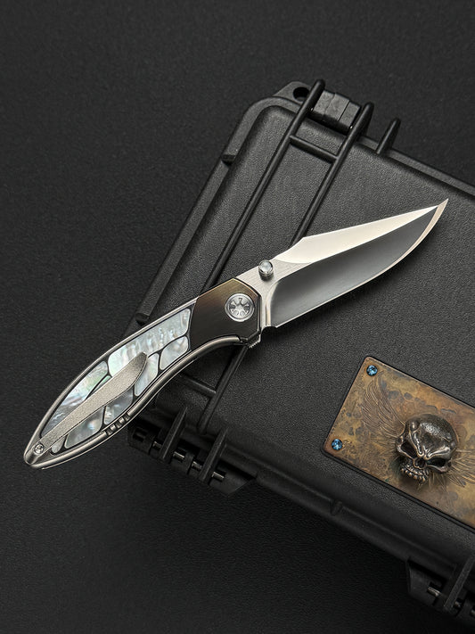 Infinite Charlie Knives Raku II M390 Titanium Folding Knife with Mother-of-Pearl Inlay