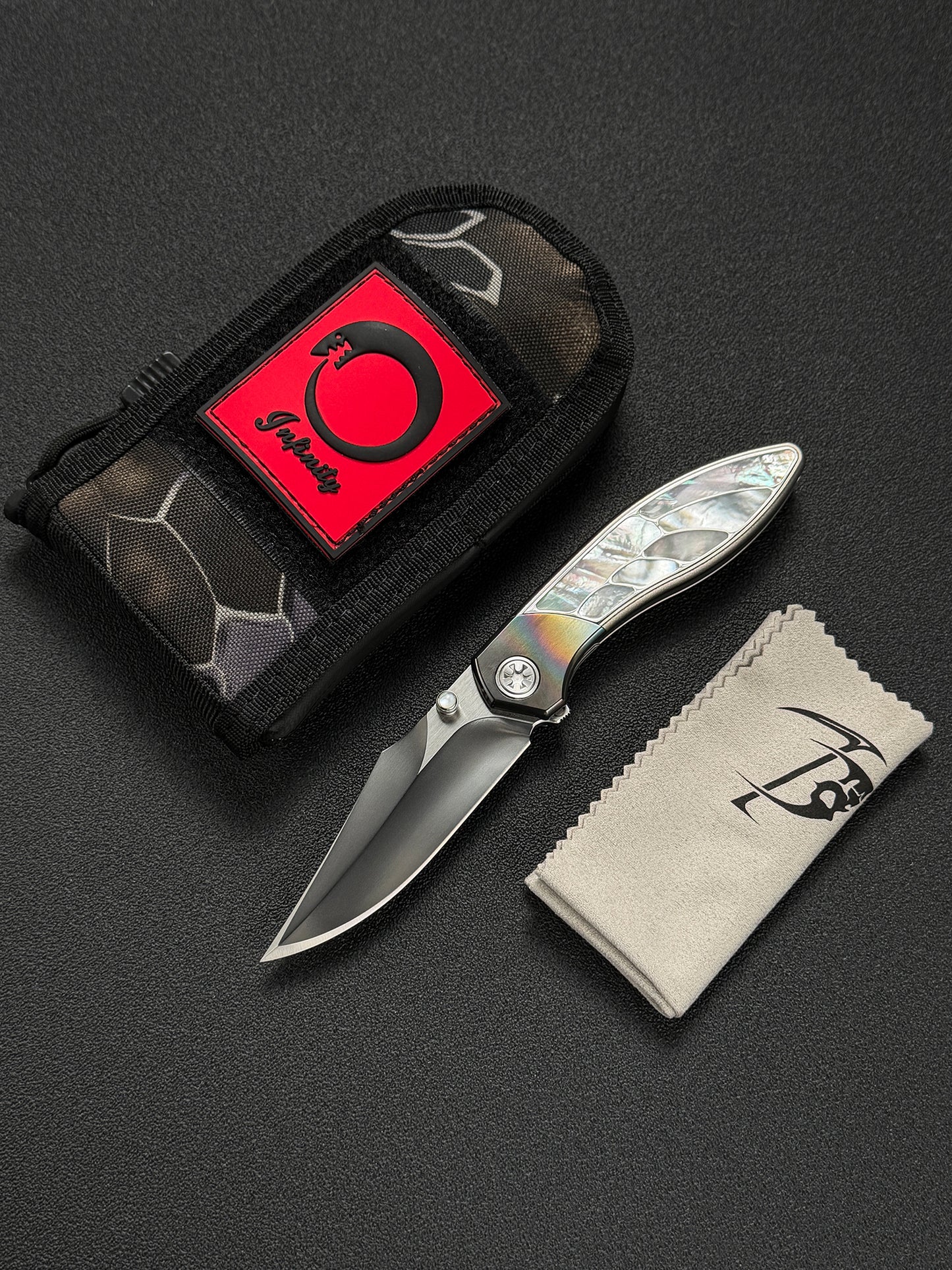 Infinite Charlie Knives Raku II M390 Titanium Folding Knife with Mother-of-Pearl Inlay