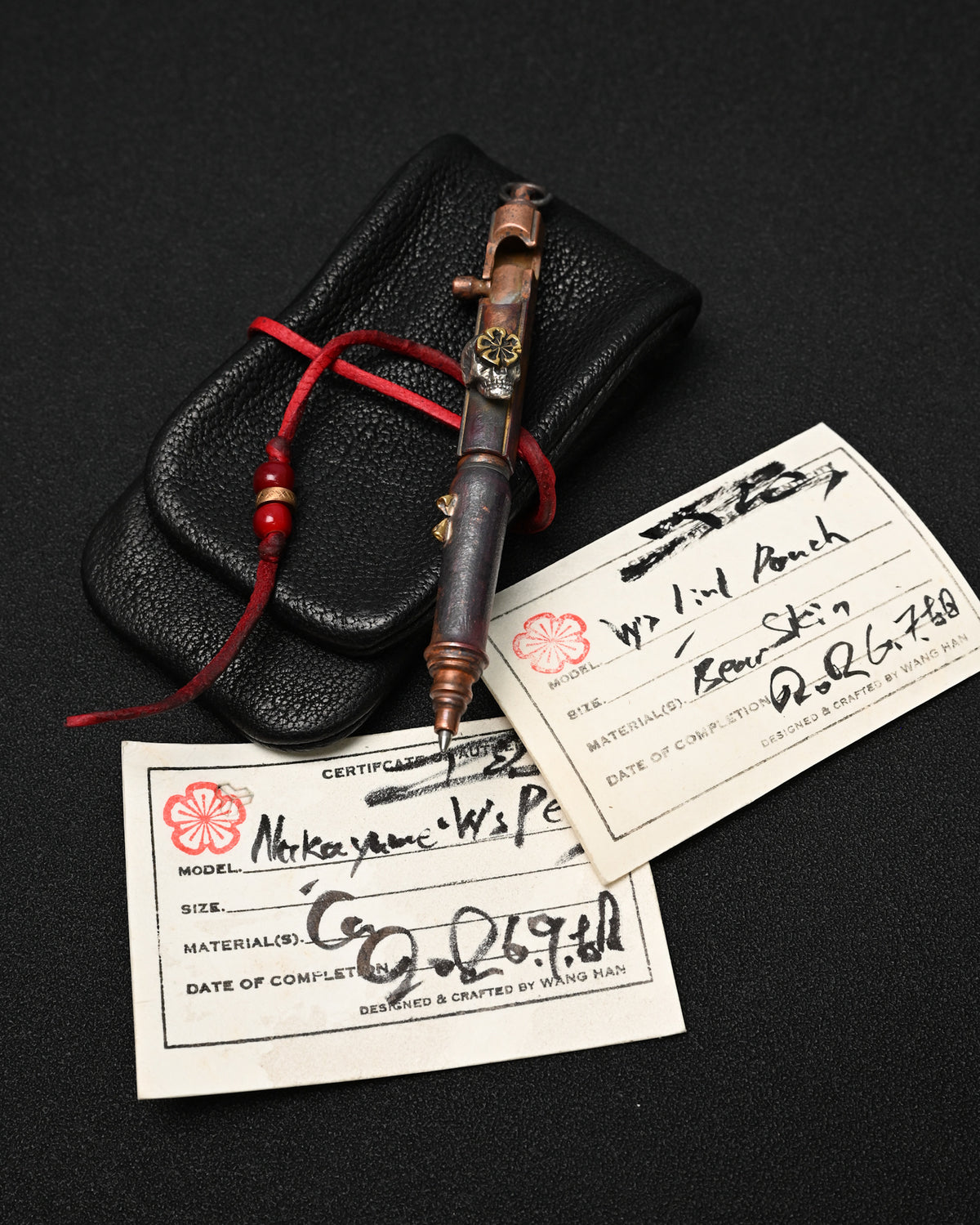 Rare ONE-OFF Hidetoshi Nakayama × Wtopia × Sunizumi Custom Copper EDC Pen with Silver Skull & Floral Details – Rare Leather Case