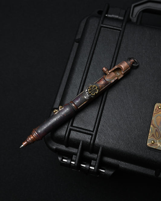 Rare ONE-OFF Hidetoshi Nakayama × Wtopia × Sunizumi Custom Copper EDC Pen with Silver Skull & Floral Details – Rare Leather Case
