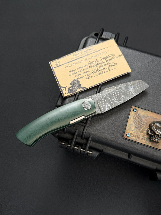 Rare Rain.Z Knives Custom Folding Knife – Norris TanPai Damascus / Westinghouse Emerald Micarta / Zirconium Pivot