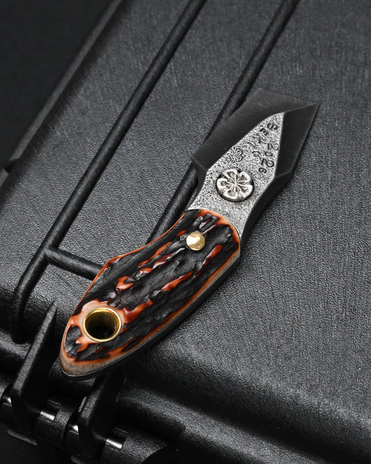 Rare ONE-OFF Wtopia 2026 Seki Exclusive Custom EDC Pry Bar – ATS-34 Steel / Hokkaido Deer Antler / Sterling Silver Apricot Blossom / Bronze Rivets
