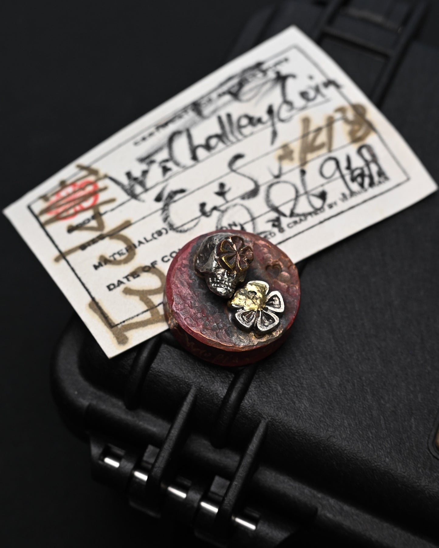 Rare ONE-OFF Wtopia × Sunizumi Shoten Copper EDC Worry Stone – Silver Skull, Silver Floral & 18K Gold