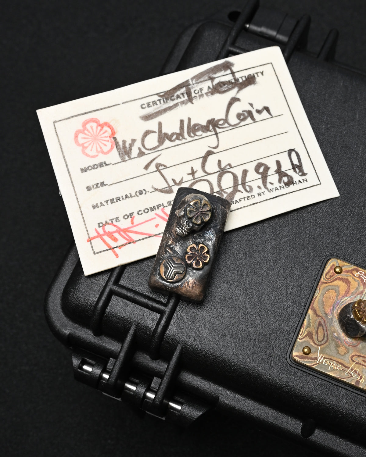 希少 ONE-OFF Wtopia × 三泉商店 シルバースカル EDC チャレンジコイン / ウォーリーストーン|ブロンズ杏花・三泉シルバー紋飾|日本製