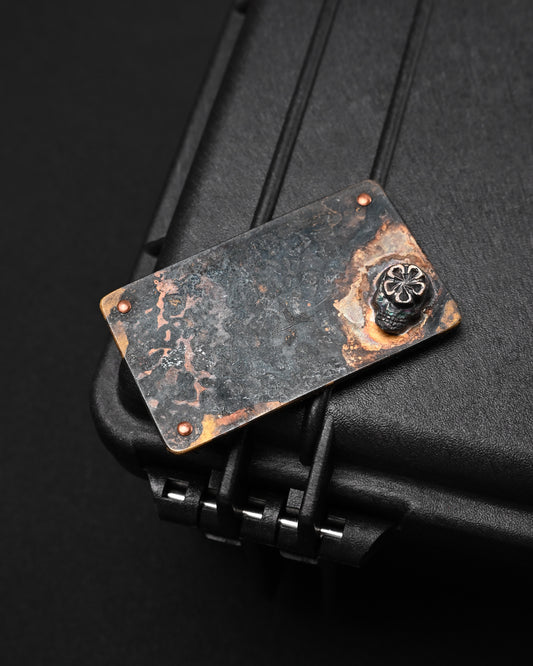 Rare Wtopia Handmade Vintage Bronze EDC Patch – 3D Silver Skull / Bronze Floral Detail / Copper Rivets / Made in Japan