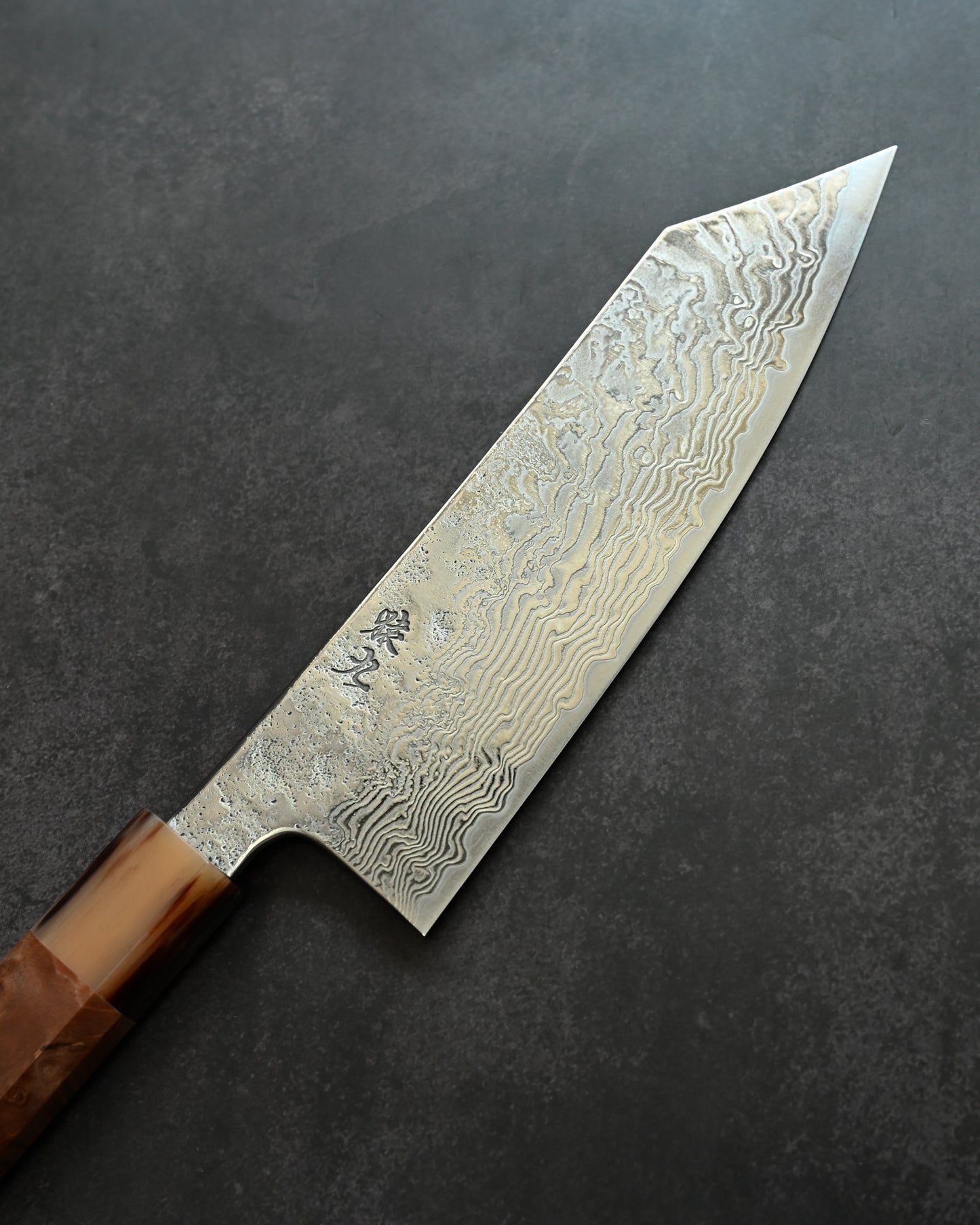 Saruku Homura-Un Santoku Knife 180mm Japanese Kitchen Knife SPG2 Damascus  Burl Wood Handle  Buffalo Horn Ferrule