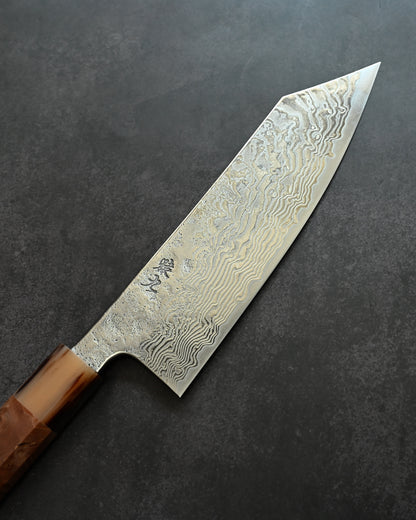 Saruku Homura-Un Santoku Knife 180mm Japanese Kitchen Knife SPG2 Damascus  Burl Wood Handle  Buffalo Horn Ferrule