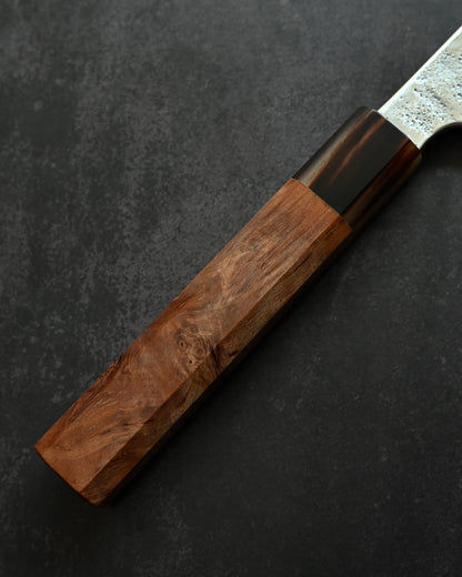 Saruku Homura-Un Knife 165mm Japanese Kitchen Knife SPG2 Damascus  Burl Wood Handle  Buffalo Horn Ferrule