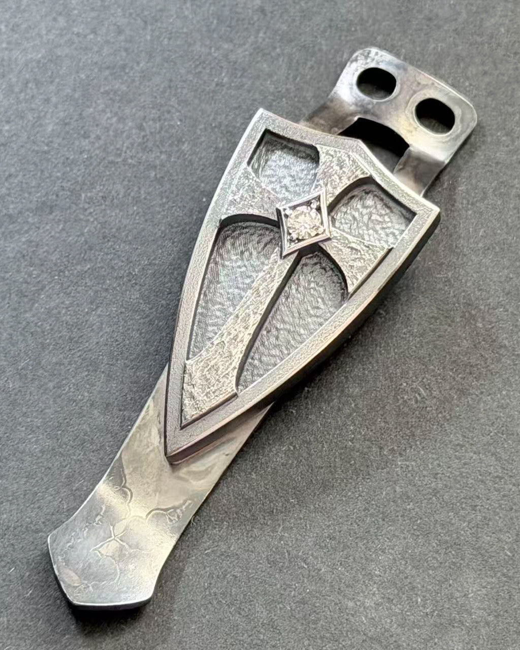 Steel Flame Rare Gem-Set Crusader Silver Shield 3-Hole Back Clip