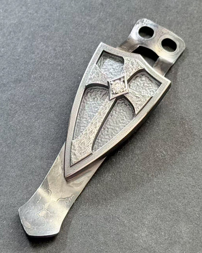 Steel Flame Rare Gem-Set Crusader Silver Shield 3-Hole Back Clip