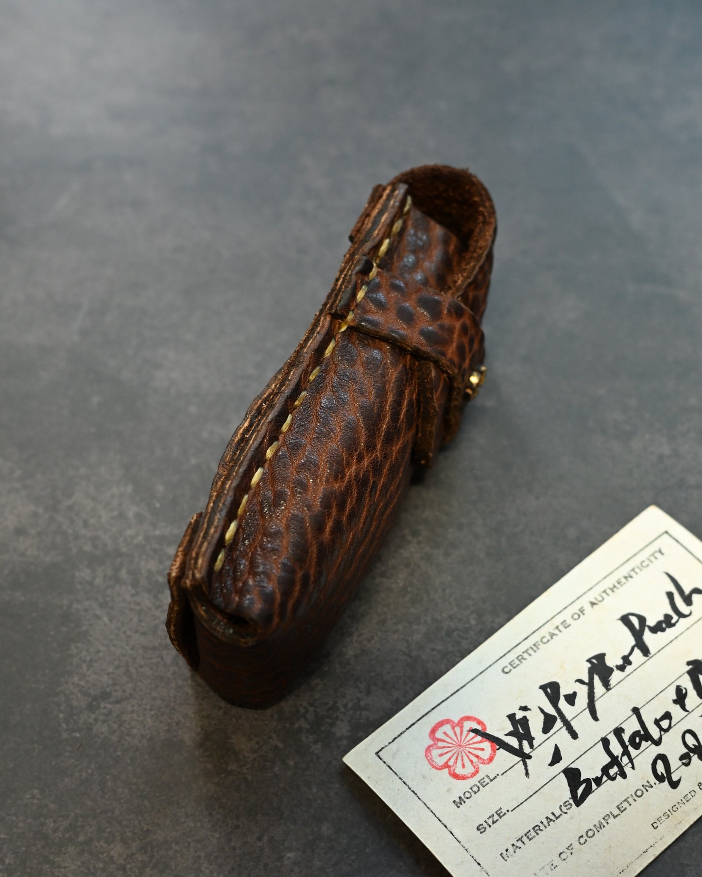 Wtopia One-off Buffalo Leather Pocket Knife Sheath | Bronze Plum Blossom Inlay | Handmade | 