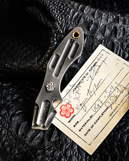 Made in Japan Wtopia One-Off VG7 Laminated Steel EDC Pry Bar / Bottle Opener with Silver Apricot Blossom Inlay and “OH BABY” Stamp