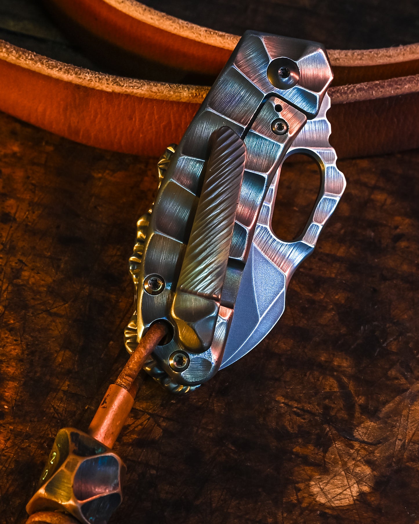 Homer Knife - T-Rex #392 Folding Knife | A Perfect Fusion of Anodized Titanium and Copper Bead