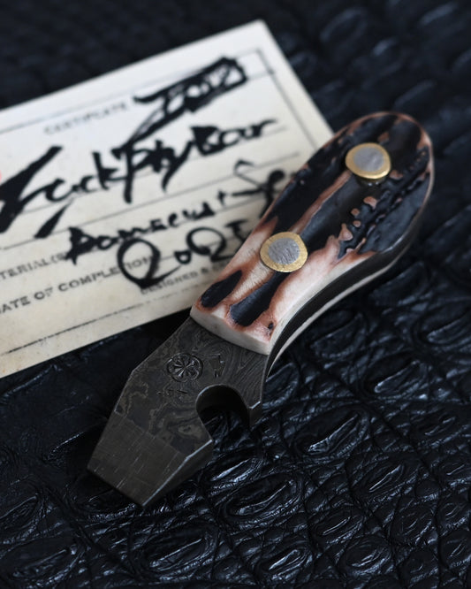 Wtopia Handmade EDC Pry Bar|One-Off Japanese Damascus × Hokkaido Antler – Ginkgo & Lightning Stamps