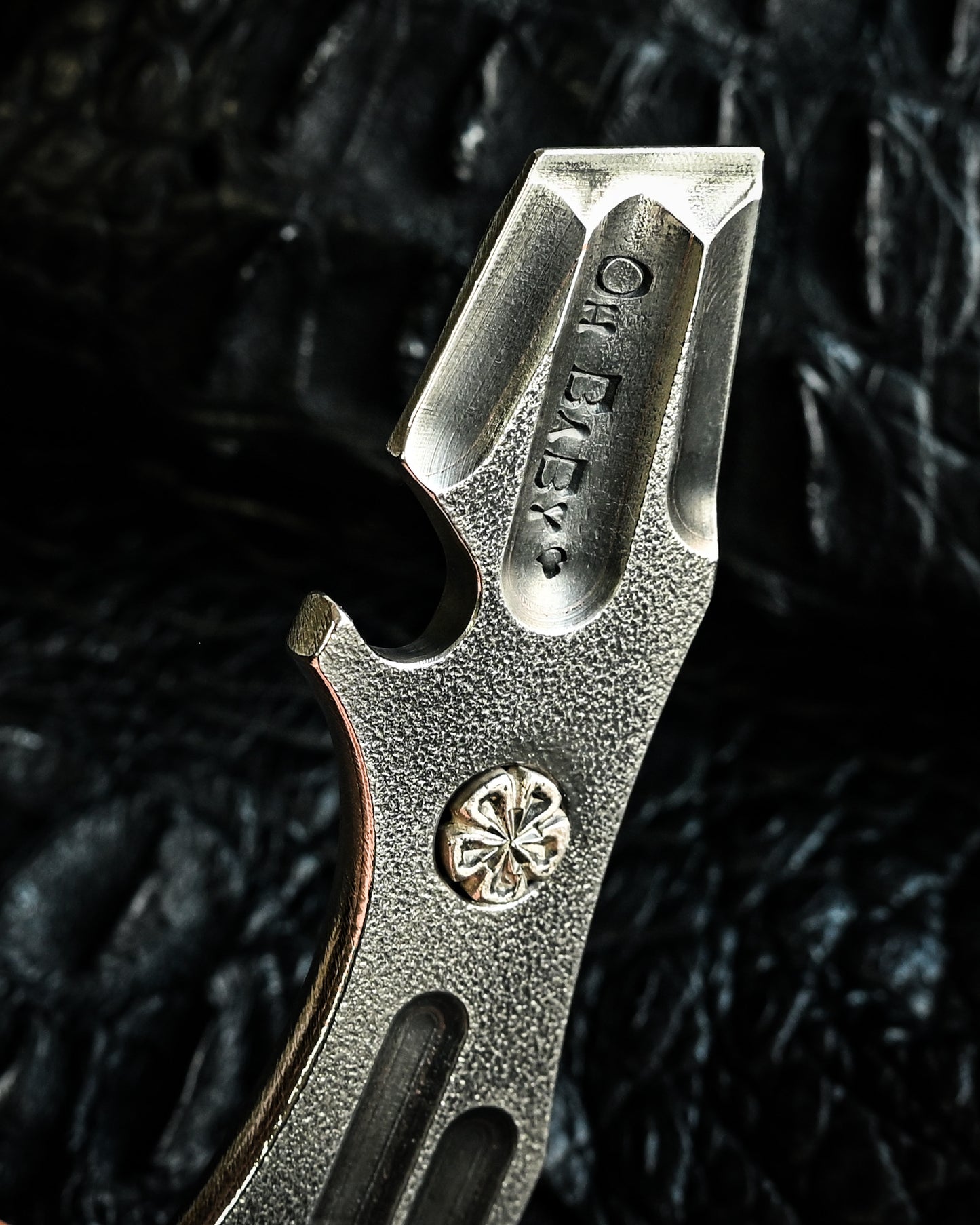 Made in Japan Wtopia One-Off VG7 Laminated Steel EDC Pry Bar / Bottle Opener with Silver Apricot Blossom Inlay and “OH BABY” Stamp