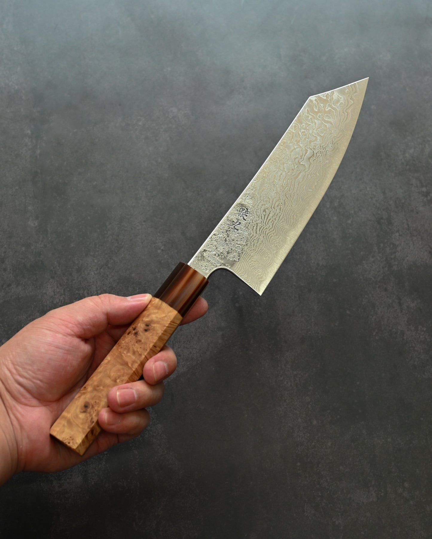 Saruku Homura-Un Santoku Knife 180mm Japanese Kitchen Knife SPG2 Damascus  Burl Wood Handle  Buffalo Horn Ferrule