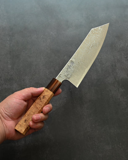 Saruku Homura-Un Santoku Knife 180mm Japanese Kitchen Knife SPG2 Damascus  Burl Wood Handle  Buffalo Horn Ferrule