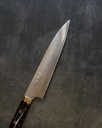 佐治武士 有色ダマスカス 牛刀 210mm ミガキ仕上げ 黒茶コーリアンハンドル 手打ち包丁