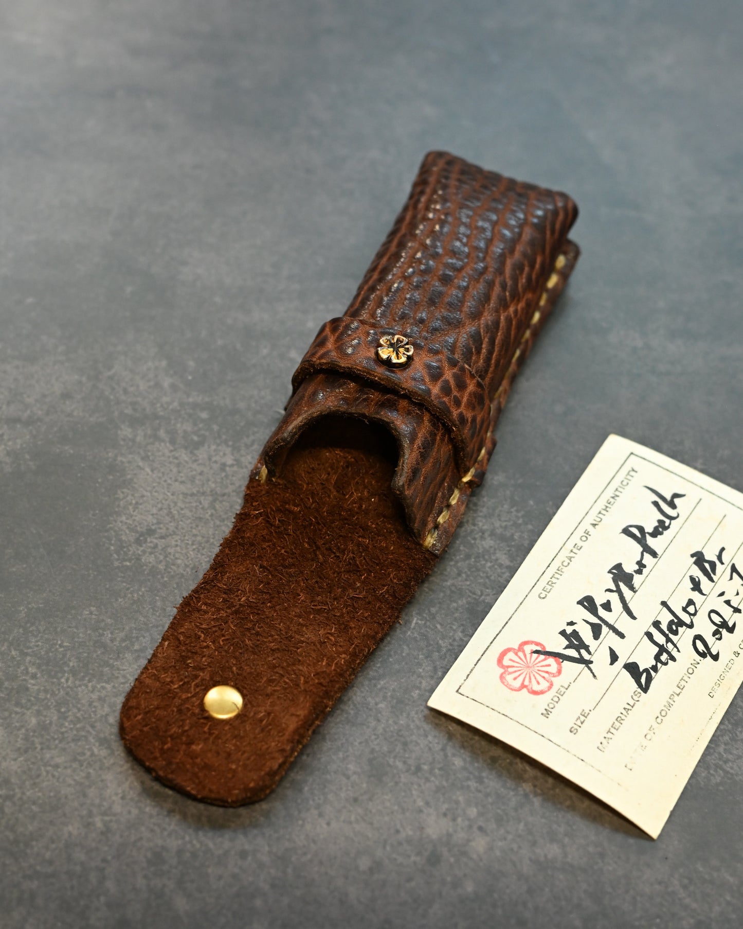 Wtopia One-off Buffalo Leather Pocket Knife Sheath | Bronze Plum Blossom Inlay | Handmade | 