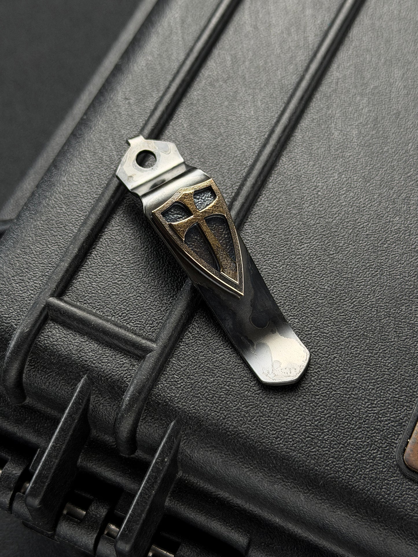 Steel Flame × Starlingear × Strider Knives Collaboration Crusader Orange-Peel Bronze Shield Pocket Clip