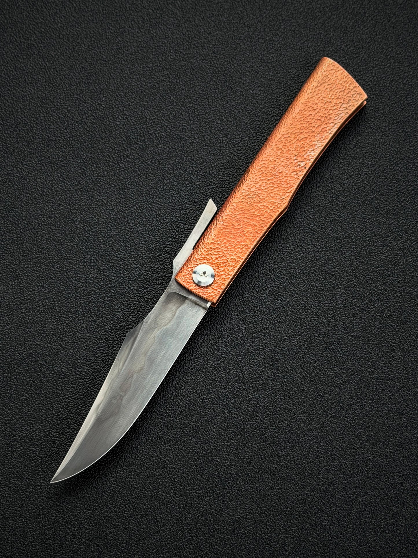 Handmade Higonokami-Style EDC Custom Folding Knife Orange-Peel Copper Handle with W2 Hamon Blade