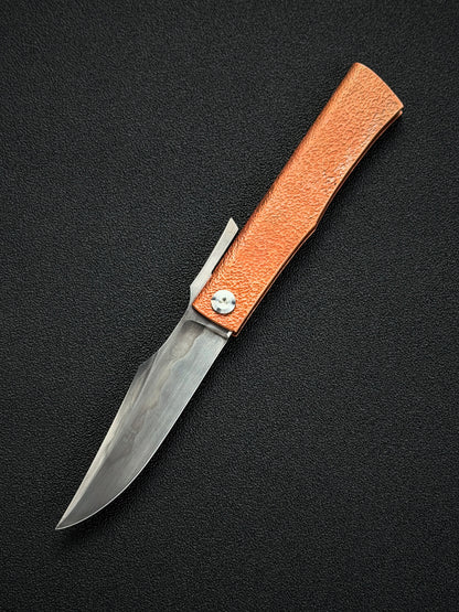 Handmade Higonokami-Style EDC Custom Folding Knife Orange-Peel Copper Handle with W2 Hamon Blade