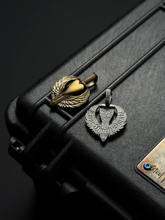 Steel Flame Guardian Wing “Angel Heart” Pendant Set (Pair) — Sterling Silver × Bronze | Extremely Rare Paired Design Symbolizing Connection & Protection