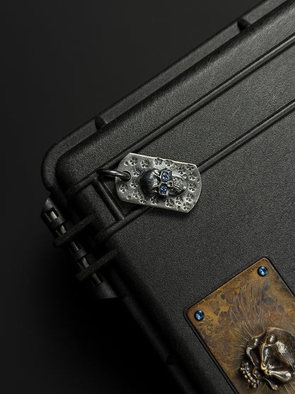 Steel Flame Sakura Pattern Dark Skull TAG Pendant — One Signature Edition | 925 Sterling Silver Base × Dark Skull × Blue Faceted Gem Eyes | Collector-Grade EDC Art