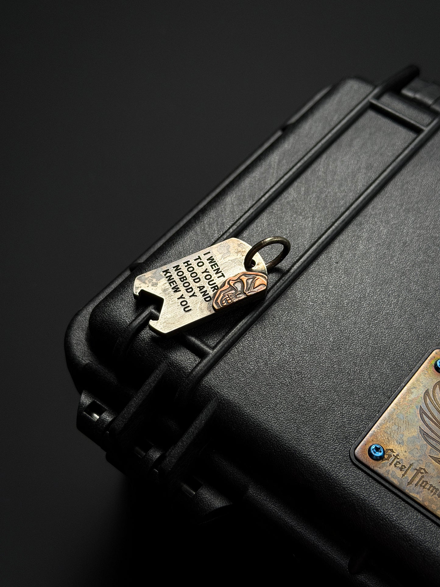 Steel Flame × NDG TAG Pendant — Stainless Steel Body × Copper Brave Skull Inlay | Minimal Tactical Aesthetic | Lightweight EDC Accent