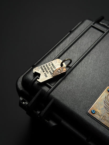 Steel Flame × NDG TAG Pendant — Stainless Steel Body × Copper Brave Skull Inlay | Minimal Tactical Aesthetic | Lightweight EDC Accent
