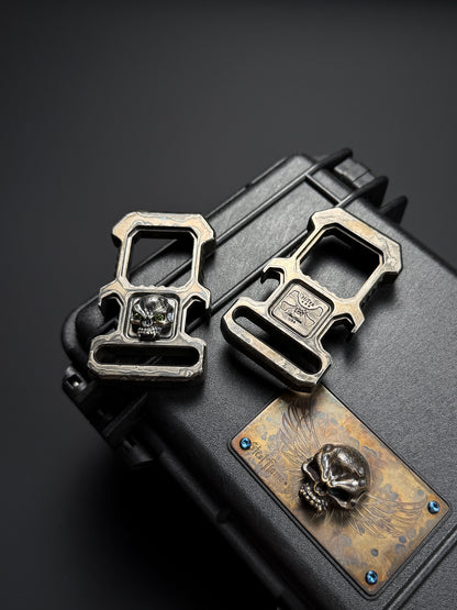 Steel Flame × HiTex Collaboration D-Ring Bottle Opener — Stainless Steel Body × 925 Silver Warrior Skull Inlay | Green Gemstone Eyes | Heavyweight EDC Art Tool