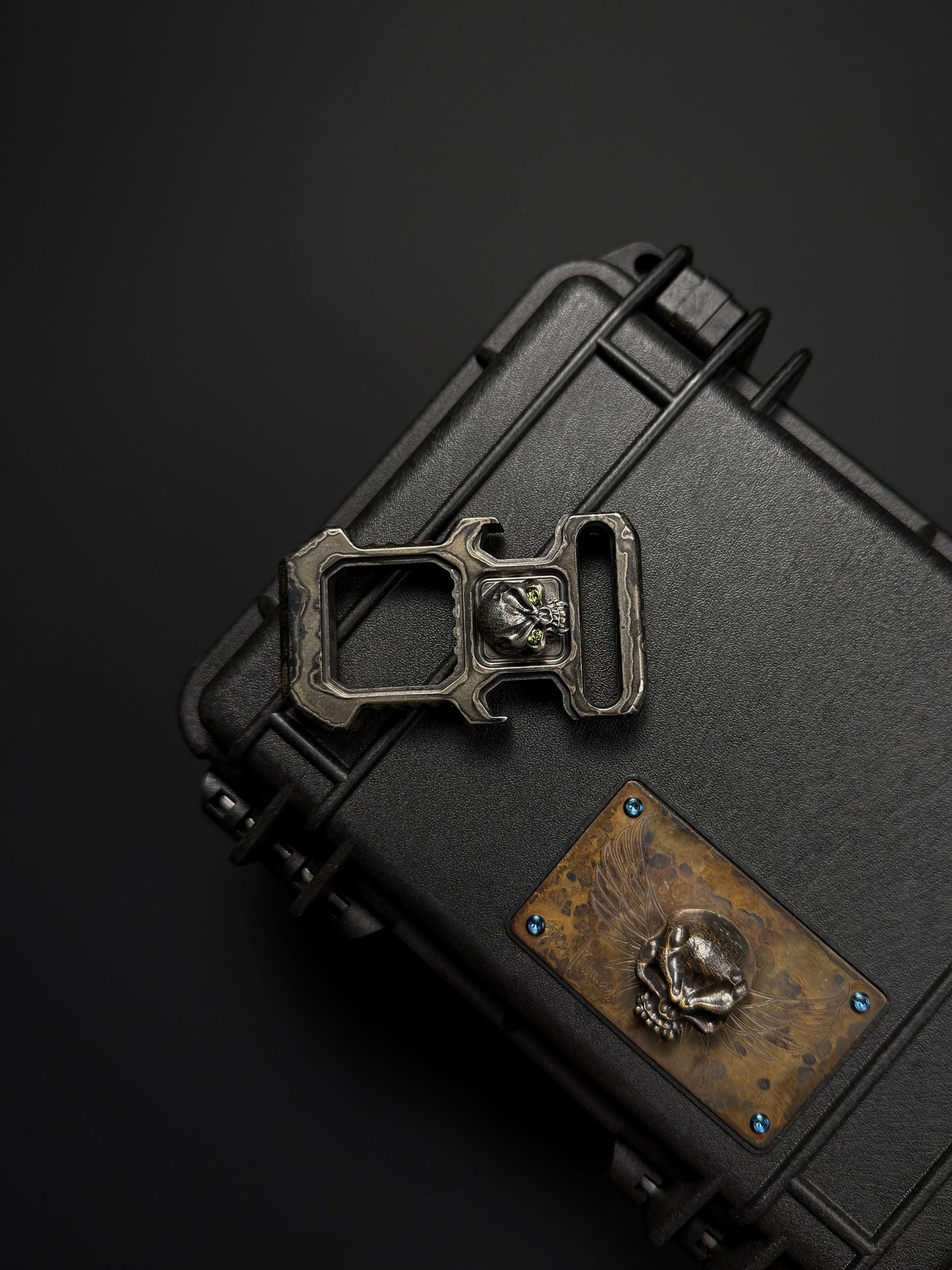 Steel Flame × HiTex Collaboration D-Ring Bottle Opener — Stainless Steel Body × 925 Silver Warrior Skull Inlay | Green Gemstone Eyes | Heavyweight EDC Art Tool