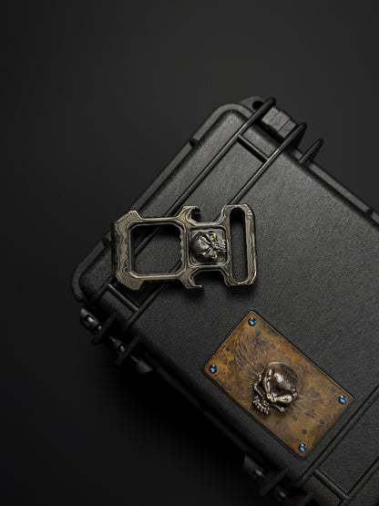 Steel Flame × HiTex Collaboration D-Ring Bottle Opener — Stainless Steel Body × 925 Silver Warrior Skull Inlay | Green Gemstone Eyes | Heavyweight EDC Art Tool