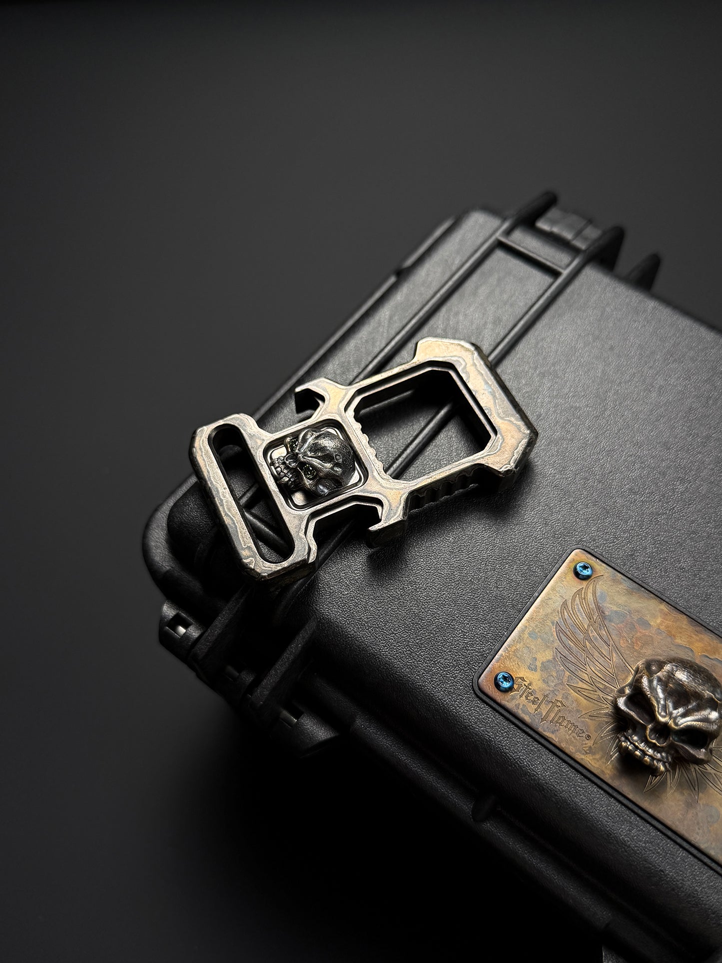 Steel Flame × HiTex Collaboration D-Ring Bottle Opener — Stainless Steel Body × 925 Silver Warrior Skull Inlay | Green Gemstone Eyes | Heavyweight EDC Art Tool