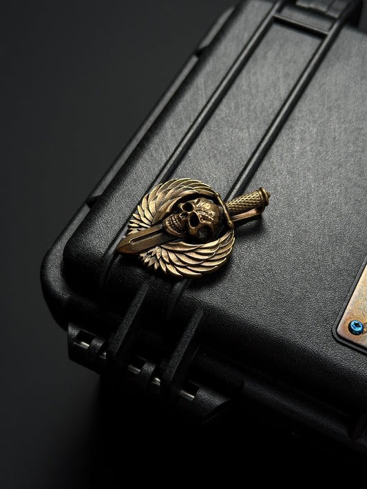 Steel Flame Guardian Wing Dark Skull Pendant — Bronze Body | Symbol of Protection &amp; Strength | Vintage-Toned EDC Totem