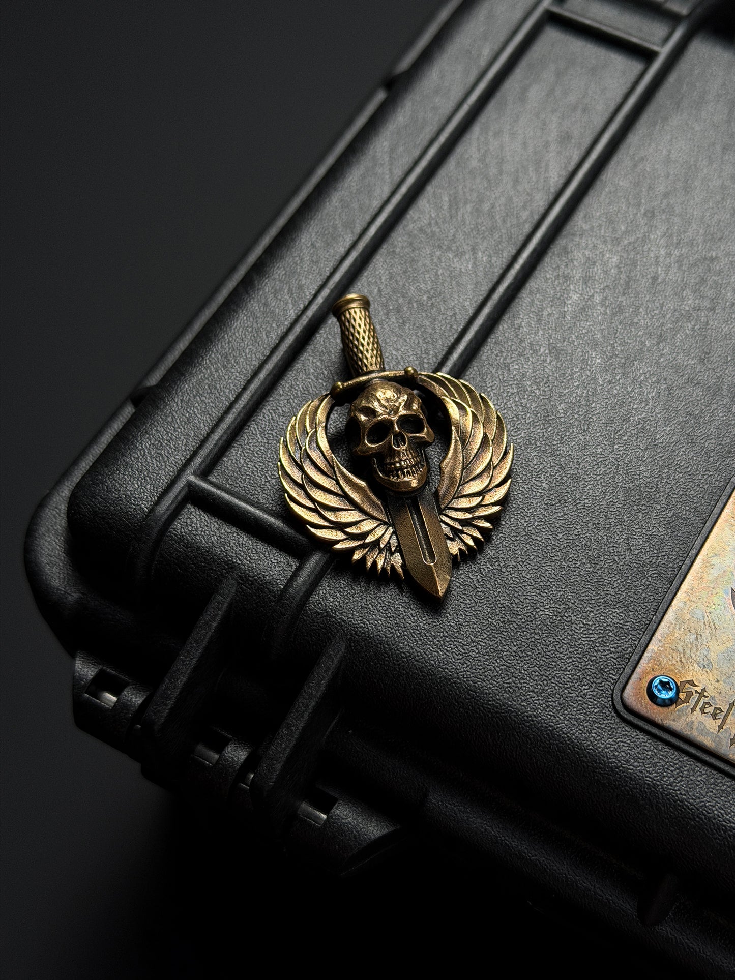 Steel Flame Guardian Wing Dark Skull Pendant — Bronze Body | Symbol of Protection &amp; Strength | Vintage-Toned EDC Totem