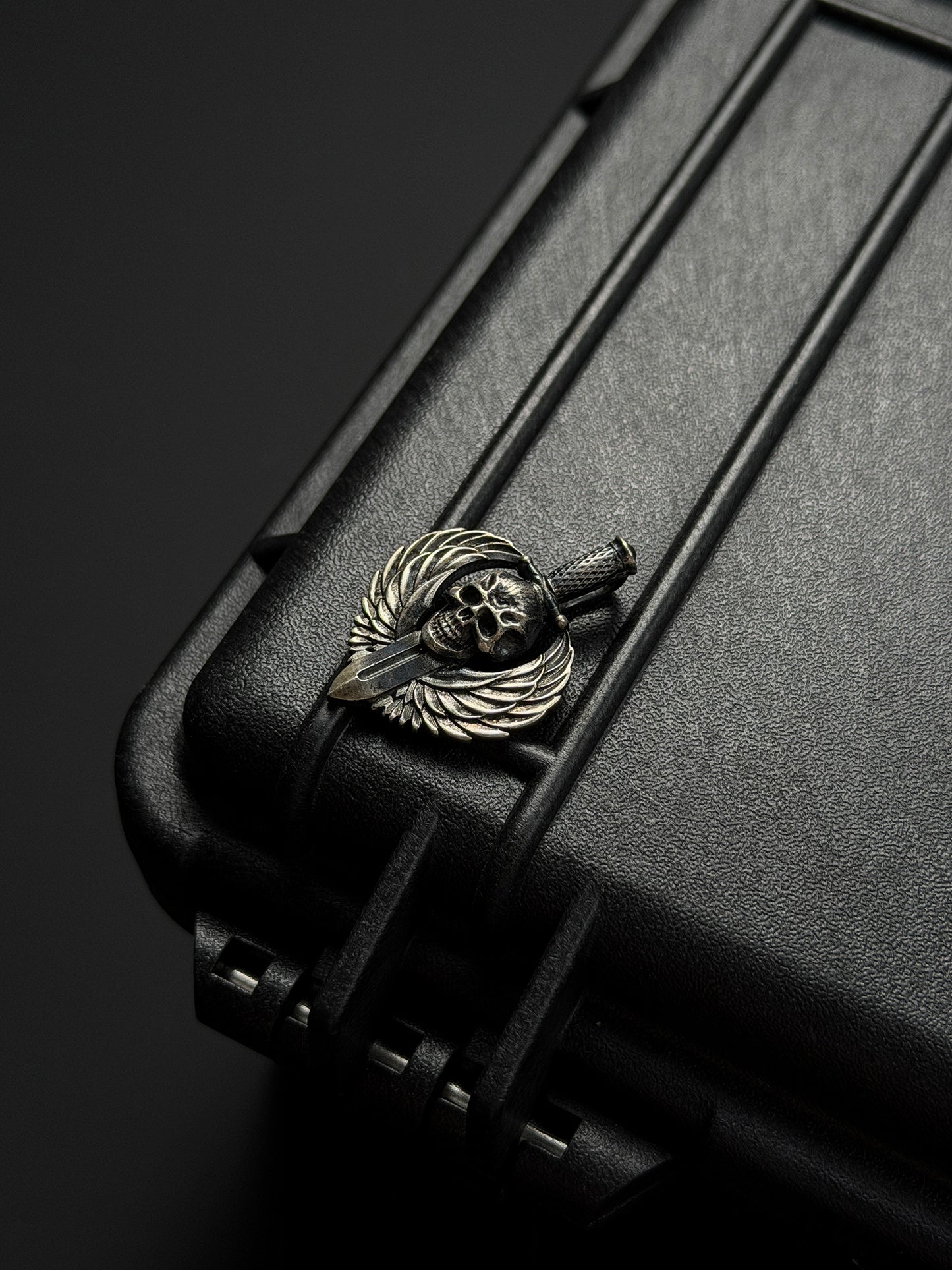 Steel Flame Guardian Wing Dark Skull Pendant – Small | 925 Sterling Silver Body × Silver Dark Skull | Compact, Bold & Daily-Wear Friendly