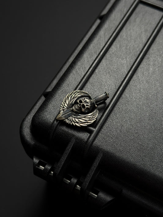 Steel Flame Guardian Wing Dark Skull Pendant – Small | 925 Sterling Silver Body × Silver Dark Skull | Compact, Bold & Daily-Wear Friendly