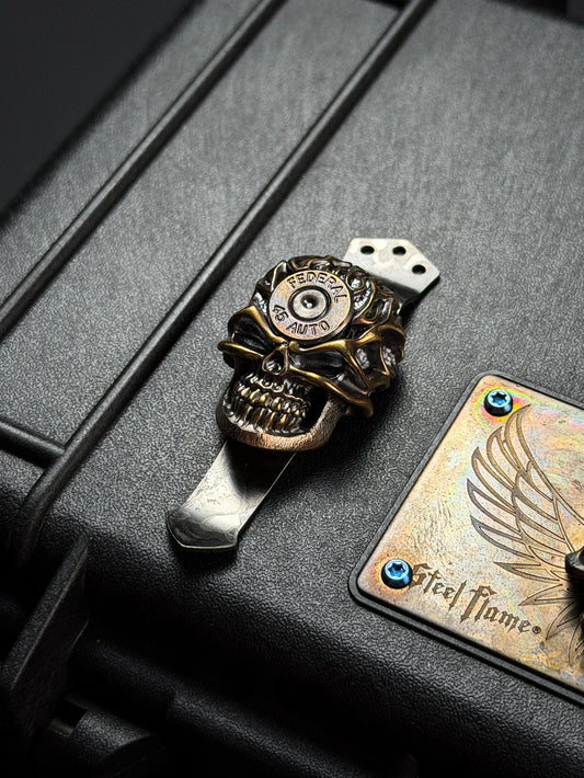 Rare Steel Flame XL Reaper Skull Bronze with 45A Inlay 3 Hole Pocket Clip