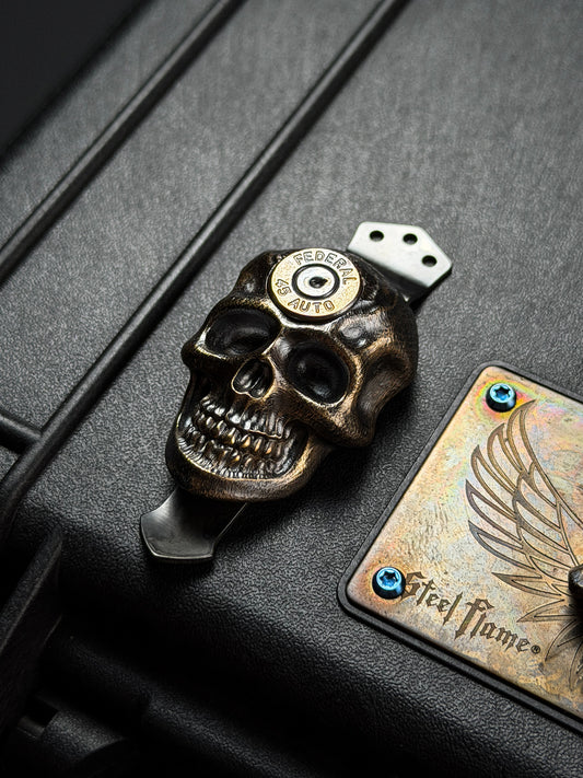 Rare Steel Flame XXXL Dark Skull Bronze with 45A Bronze Inlay 3 Hole Pocket Clip