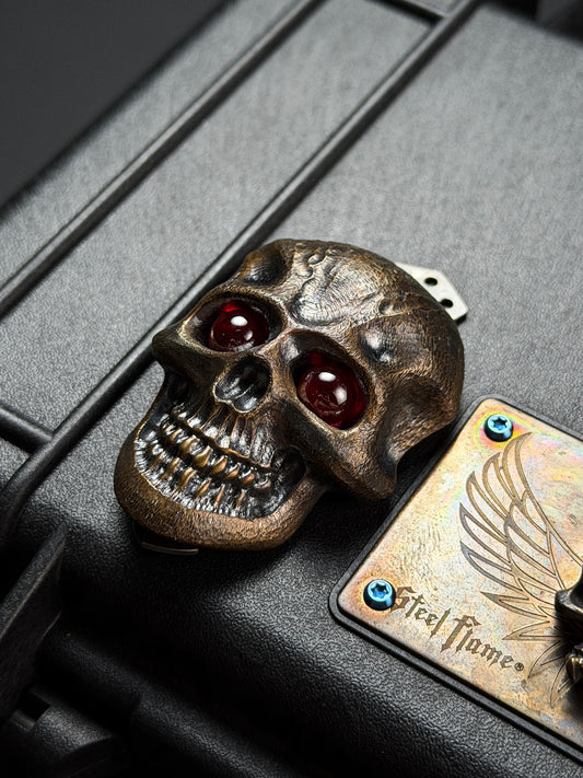 Steel Flame One Hand Signed XXXXXL Dark Skull Bronze with Gem Red Eyes 3 Hole Pocket Clip